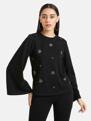 KAZO Embellished Round Neck Casual Women Black Sweater