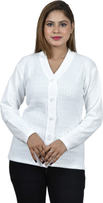 Blushh Collection Self Design V Neck Casual Women White Sweater