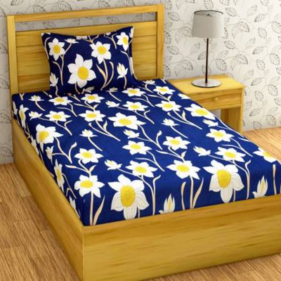 MKB Collections 240 TC Microfiber Single Floral Flat Bedsheet(Pack of 1, Blue)