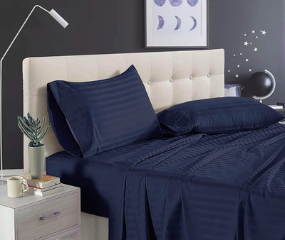 STITCHY Satin Double Flat 230 TC Striped Bedsheet(Pack of 1, Navy Blue)