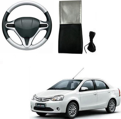 ARNEJA Hand Stiched Steering Cover For Toyota Etios(Silver, Black, Leatherite)