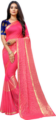 Aardiva Woven, Striped Bollywood Chiffon Saree(Pink)