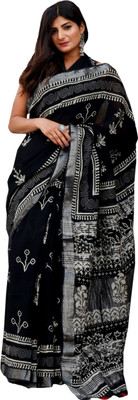 SHIVANYA HANDICRAFTS Printed Hand Batik Linen Saree(Black)