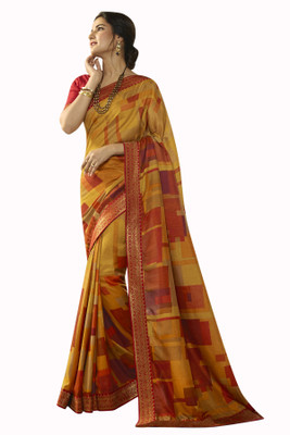 Queenswear Creation Printed Bollywood Georgette Saree(Yellow)