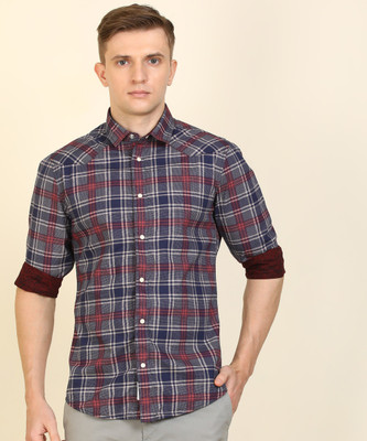 Peter England University Men Checkered Casual Dark Blue Shirt