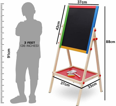 Chocozone Magnetic Black and White Board with Marker, Duster, Chalk & 63 Magnetic Letters Double Side Wooden Easel for Kids Drawing & Writing (37 x 43 cm) Black board(88 cm x 37 cm)