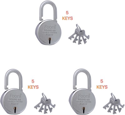 Foora (Pack-3) Round 65 with 5 Keys, Double Locking,, 8 Lever - 65 mm Padlock(Silver)