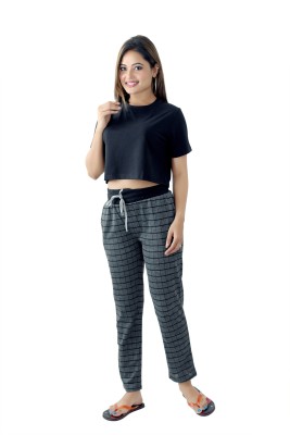 PINK GRAPES Women Solid Black Top & Pyjama Set