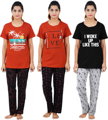 Buy That Trendz Women Printed Orange, Orange, Black Top & Pyjama Set