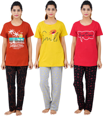 BEFLI Women Printed Orange, Yellow, Red Top & Pyjama Set