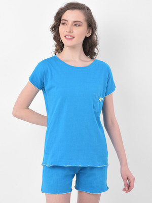 Clovia Women Solid Blue Top & Shorts Set