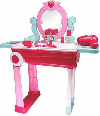 JIGU ENTERPRISE 2 in 1 Pretend to Play Cosmetic and Makeup Toy Set kit for Little Girls, Beauty Dresser Table Play Set with Mirror, Hair Dryer & Makeup Accessories, Beaut