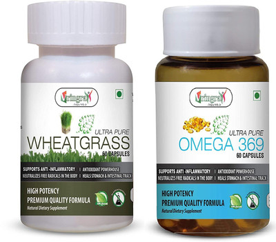 Vringra Omega Capsules & Wheatgrass Powder Capsules - Immunity Booster (Combo Pack)(2 x 60 Tablets)