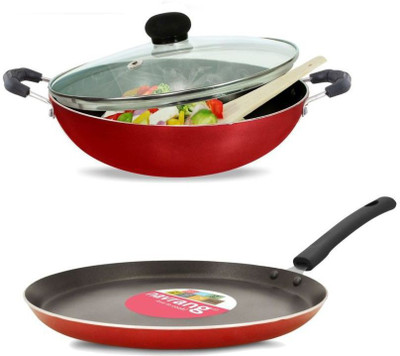 NAVRANG NONSTICK 2PCS COMBO SET TAWA 275MM AND KADAI 240 MM WITH GLASS LID, RED Non-Stick Coated Cookware Set(PTFE (Non-stick), Aluminium, 3 - Piece)