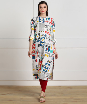 W Women Printed Straight Kurta(White)