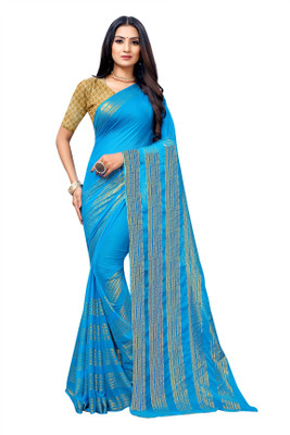 Aardiva Woven, Striped Bollywood Chiffon Saree(Light Blue)