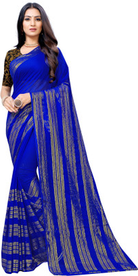 RHEY Woven, Embellished, Striped Bollywood Chiffon Saree(Blue)