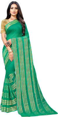 Aardiva Woven, Striped Bollywood Chiffon Saree(Dark Green)