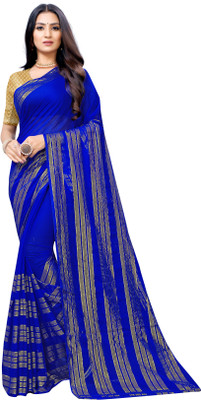 RHEY Woven, Embellished, Striped Bollywood Chiffon Saree(Blue)