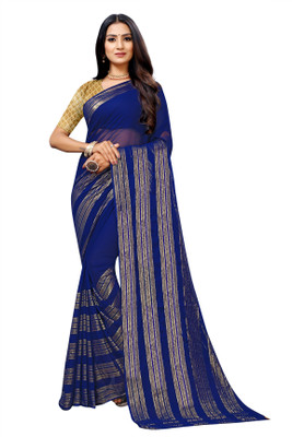 RHEY Woven, Embellished, Striped Bollywood Chiffon Saree(Dark Blue)