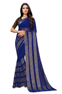 RHEY Woven, Embellished, Striped Bollywood Chiffon Saree(Dark Blue)