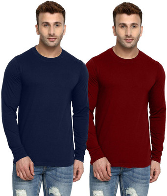 Lazy Chunks Solid Men Round Neck Blue, Maroon T-Shirt