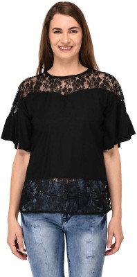 patrorna Casual Flared Sleeve Embellished Women Black Top