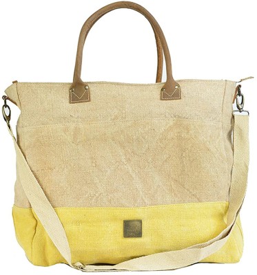 CANVAS & AWL Burlap (Jute) with Genuine Leather Trim Beige and Yellow Ladies Handbag Shoulder Bag(Beige, Yellow, 16 inch)