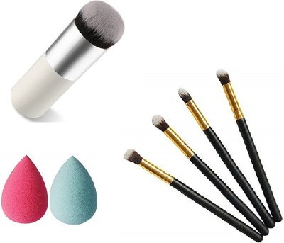 Love Nature Eyeshadow Blending Pencil Brush Set Of 4 Black With Foundation Brush & 2 Sponge Puff(Pack of 7)