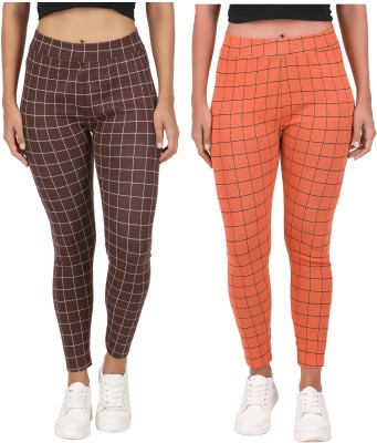 Just Live Fashion Checkered Women Orange, Brown Tights