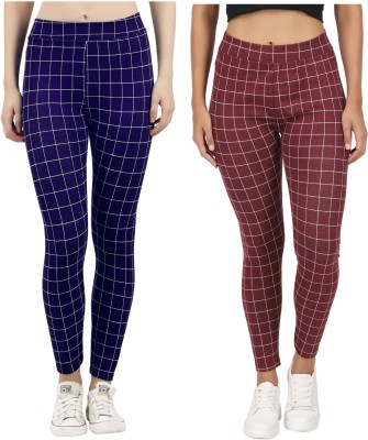 Eazy Trendz Checkered Women Maroon, Dark Blue Tights