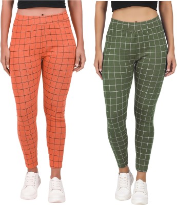 Eazy Trendz Checkered Women Dark Green, Orange Tights