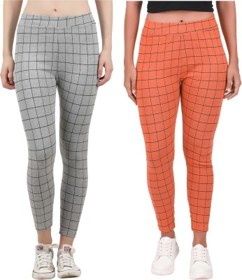 Eazy Trendz Checkered Women Orange, Silver Tights