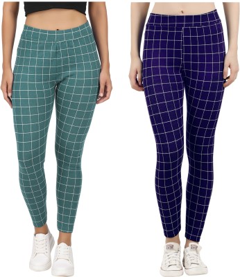 Eazy Trendz Checkered Women Dark Blue, Light Green Tights