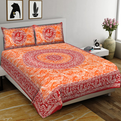 Hari Om Prints 144 TC Cotton King Jaipuri Prints Flat Bedsheet(Pack of 1, Orange)