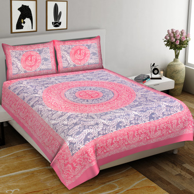 Hari Om Prints Cotton King Flat 144 TC Jaipuri Prints Bedsheet(Pack of 1, Pink)