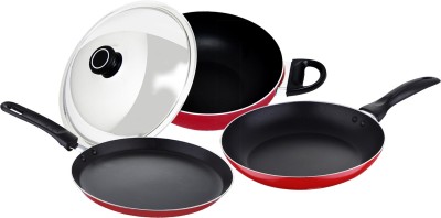 Wellberg Essential Press Aluminium Cookware set With Steel Lid, Red, WBIN-2482 Cookware Set (Aluminium, 4 - Piece)