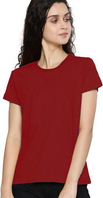 AmborisH Solid Women Round Neck Maroon T-Shirt