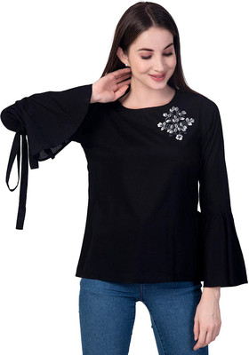 AMULYAM FASHION Casual 3/4 Sleeve Embroidered Women Black Top