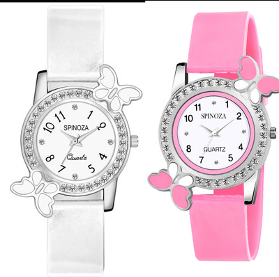 SPINOZA Glory pink diamond studded heart and designer white peacockpack of 2 Analog Watch For Girls SPINOZA Wrist Watches