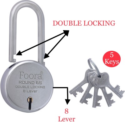 Foora Round 65 LS with 5 Keys, Long Shackle, Double Locking, 8 Lever- 65 mm size U Lock(Silver)