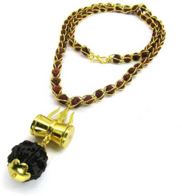 Cyan spritual Shiv Shakti Kavach 5 Mukhi Rudraksha Mala With Shiv Trishul & Damru Gold-plated Plated Brass Chain Set