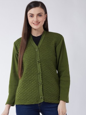 MDB Solid V Neck Casual Women Green Sweater