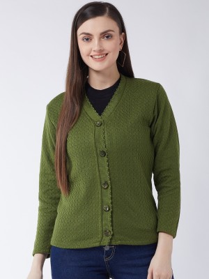 Pivl Self Design V Neck Casual Women Green Sweater