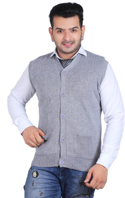 Jubination Self Design V Neck Casual Men Grey Sweater