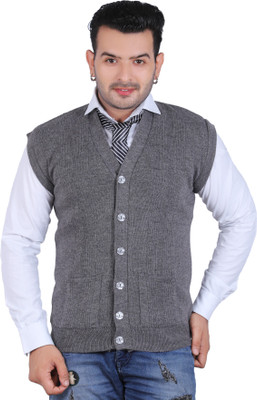 Jubination Self Design V Neck Casual Men Grey Sweater