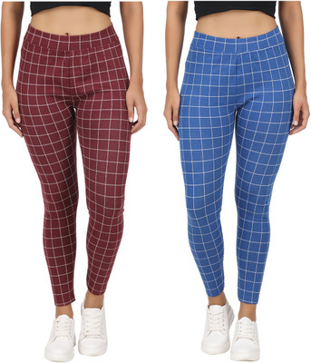 Eazy Trendz Checkered Women Blue, Maroon Tights