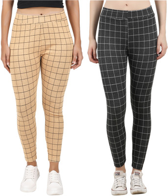 Eazy Trendz Checkered Women Grey, Beige Tights