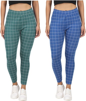 Just Live Fashion Checkered Women Blue, Light Green Tights