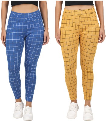 Eazy Trendz Checkered Women Gold, Blue Tights